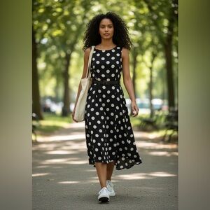 EVANS‎ Y2K Black White Polka Dot Dress Asymmetrical Hem Modest Classic Size 14